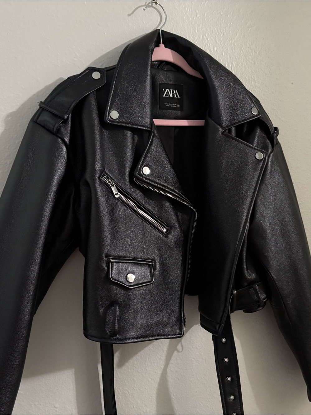 Zara Black Faux Leather Biker Jacket with Belt